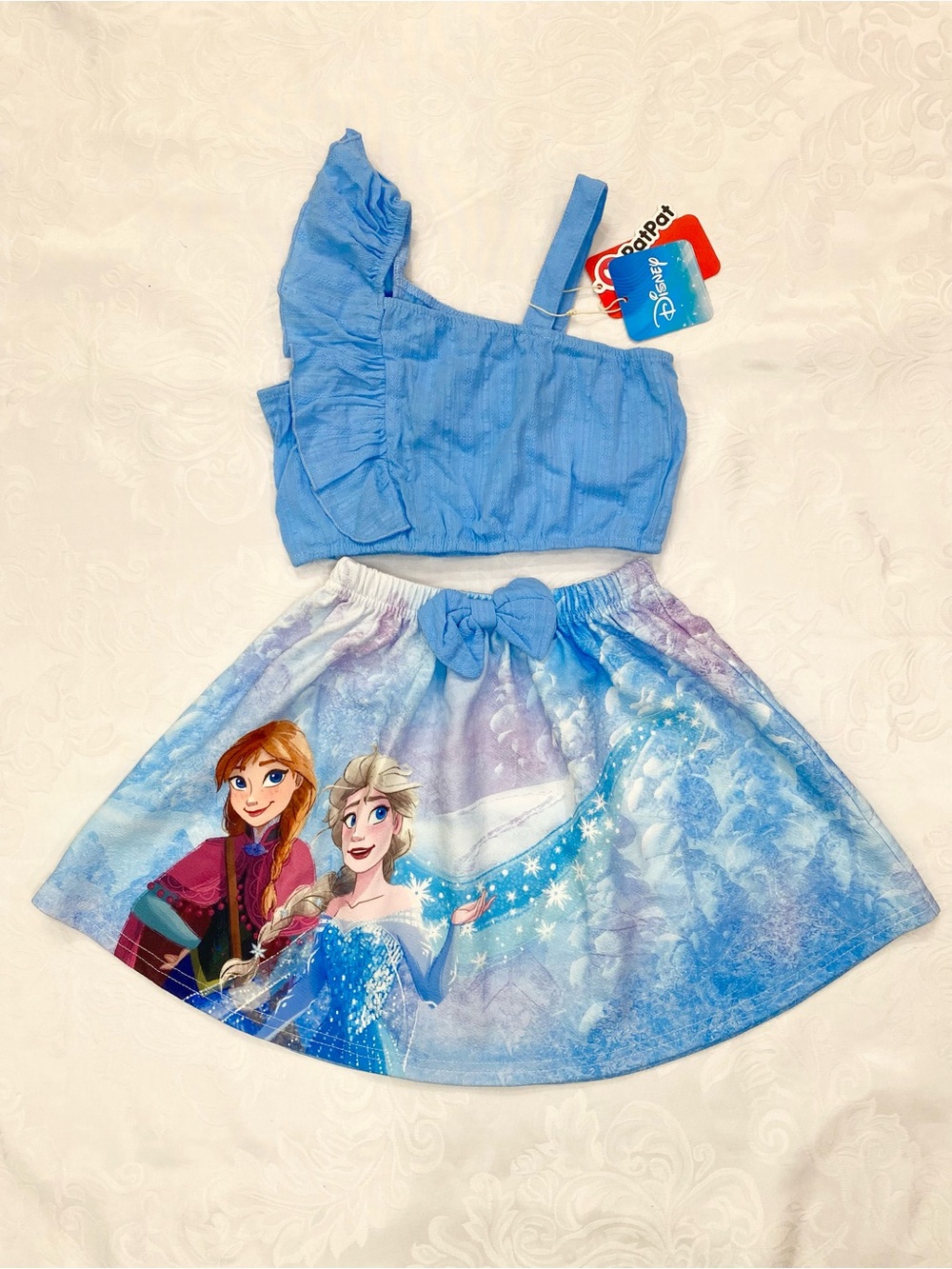 Disney Blue Frozen Elsa & Anna One Shoulder Top and Bow Tie Skirt Two-Piece Set